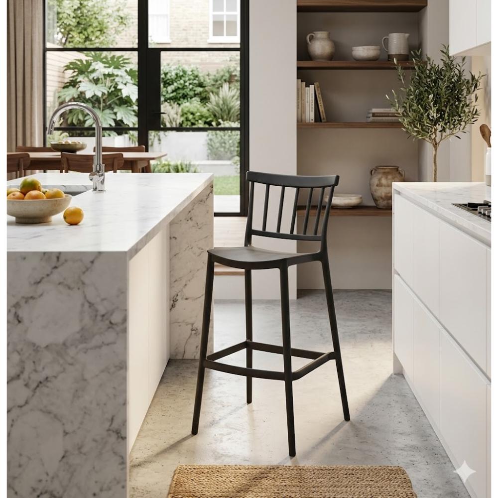 Silla para Bar Oxford, Negro, con Espaldar en Barras y Diseño Minimalista