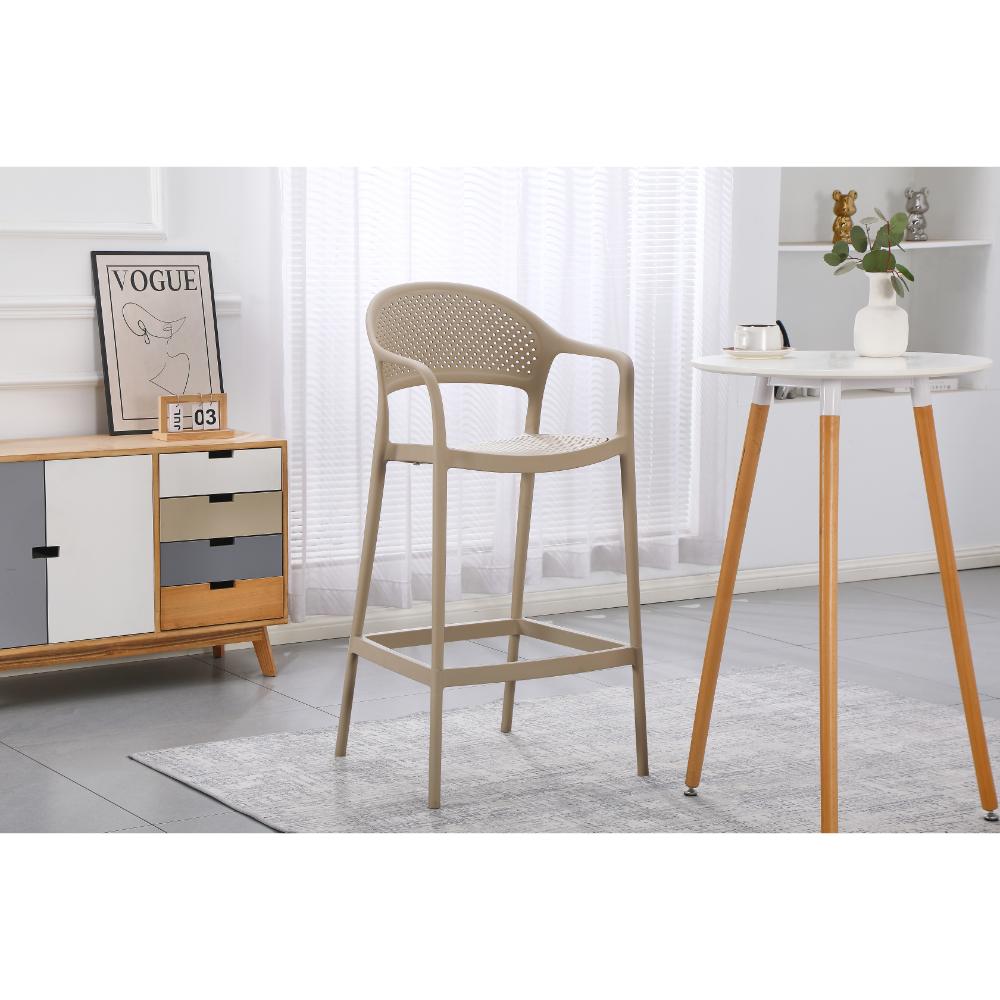 Silla para Bar Curitiva, Taupe, con Reposa Pies Doble Proposito, vista lateral
