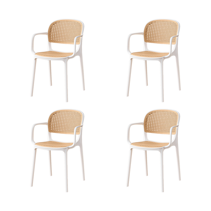 Set de 4 Sillas con Brazos Nest, Color Blanco y Beige, con Espaldar y Asiento en Rejilla