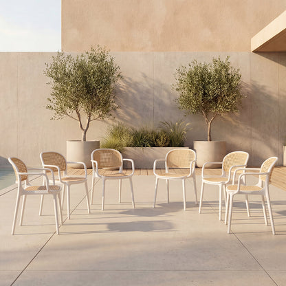 Set de 6 Sillas con Brazos Nest, Color Blanco y Beige, con Espaldar y Asiento en Rejilla