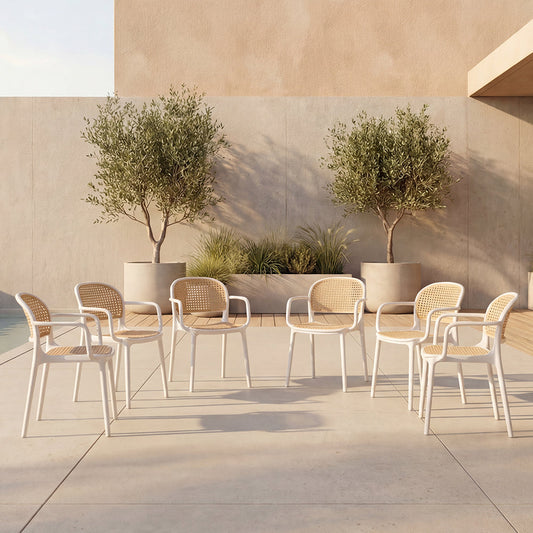 Set de 6 Sillas con Brazos Nest, Color Blanco y Beige, con Espaldar y Asiento en Rejilla