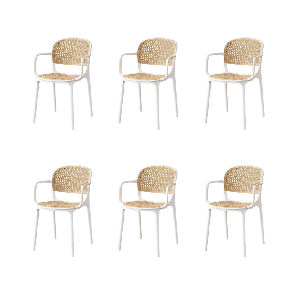 Set de 6 Sillas con Brazos Nest, Color Blanco y Beige, con Espaldar y Asiento en Rejilla