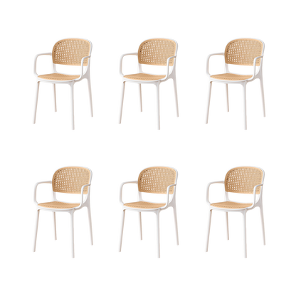 Set de 6 Sillas con Brazos Nest, Color Blanco y Beige, con Espaldar y Asiento en Rejilla