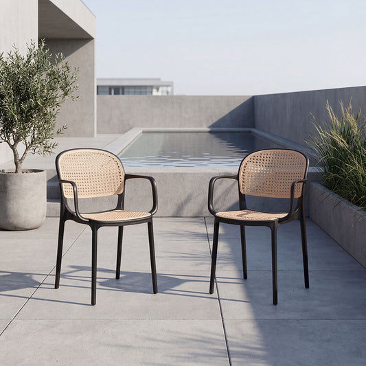 Set de 2 Sillas con Brazos Nest, Color Negro y Beige, con Espaldar y Asiento en Rejilla