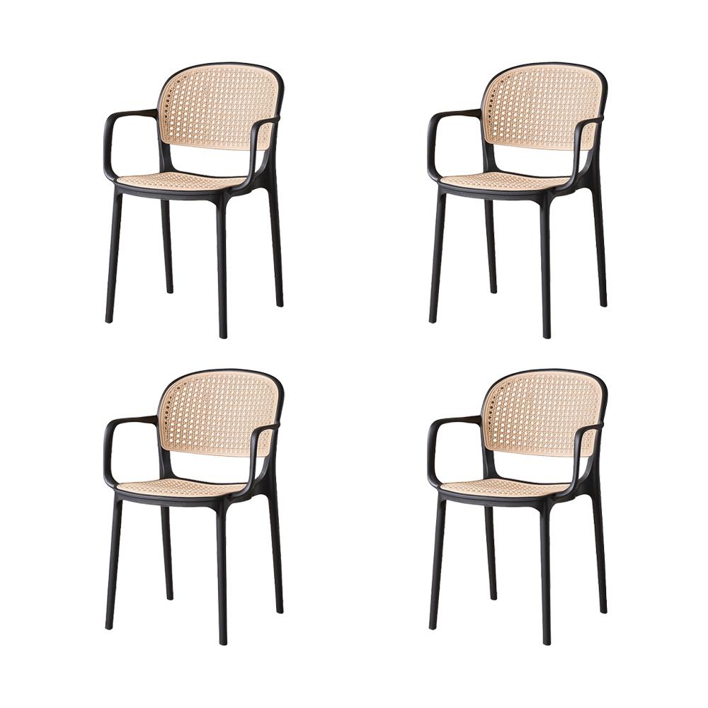 Set de 4 Sillas con Brazos Nest, Color Negro y Beige, con Espaldar y Asiento en Rejilla, vista front