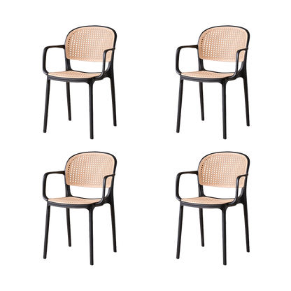 Set de 4 Sillas con Brazos Nest, Color Negro y Beige, con Espaldar y Asiento en Rejilla, vista front