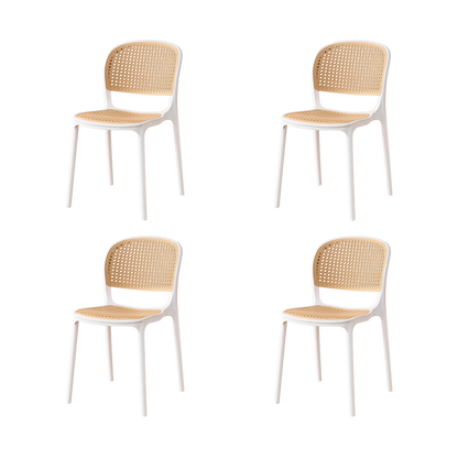 Set de 4 Sillas Nest, Color Blanco y Beige, con Espaldar y Asiento en Rejilla