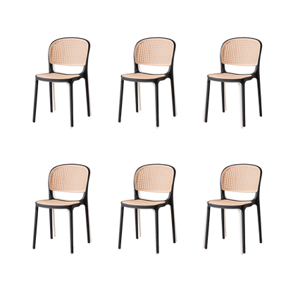 Set de 6 Sillas Nest, Color Negro y Beige, con Espaldar y Asiento en Rejilla