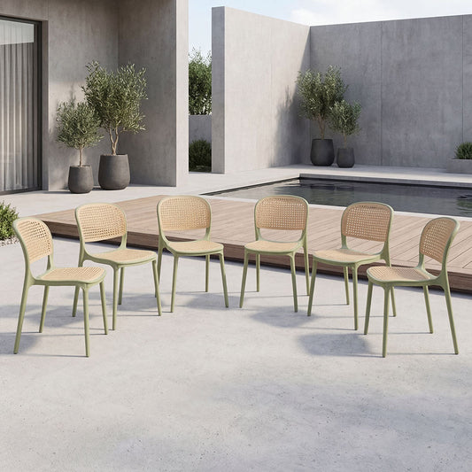 Set de 6 Sillas Nest, Color Verde Olivo y Beige, con Espaldar y Asiento en Rejilla