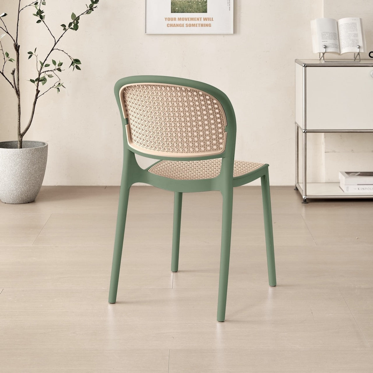 Set de 4 Sillas Nest, Verde Olivo y Beige, con Espaldar y Asiento en Rejilla