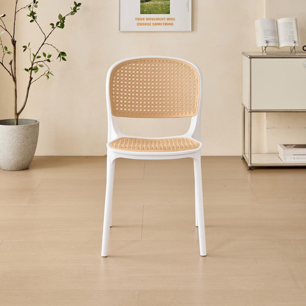 Silla Nest, Color Blanco y Beige, con Espaldar y Asiento en Rejilla, vista lateral