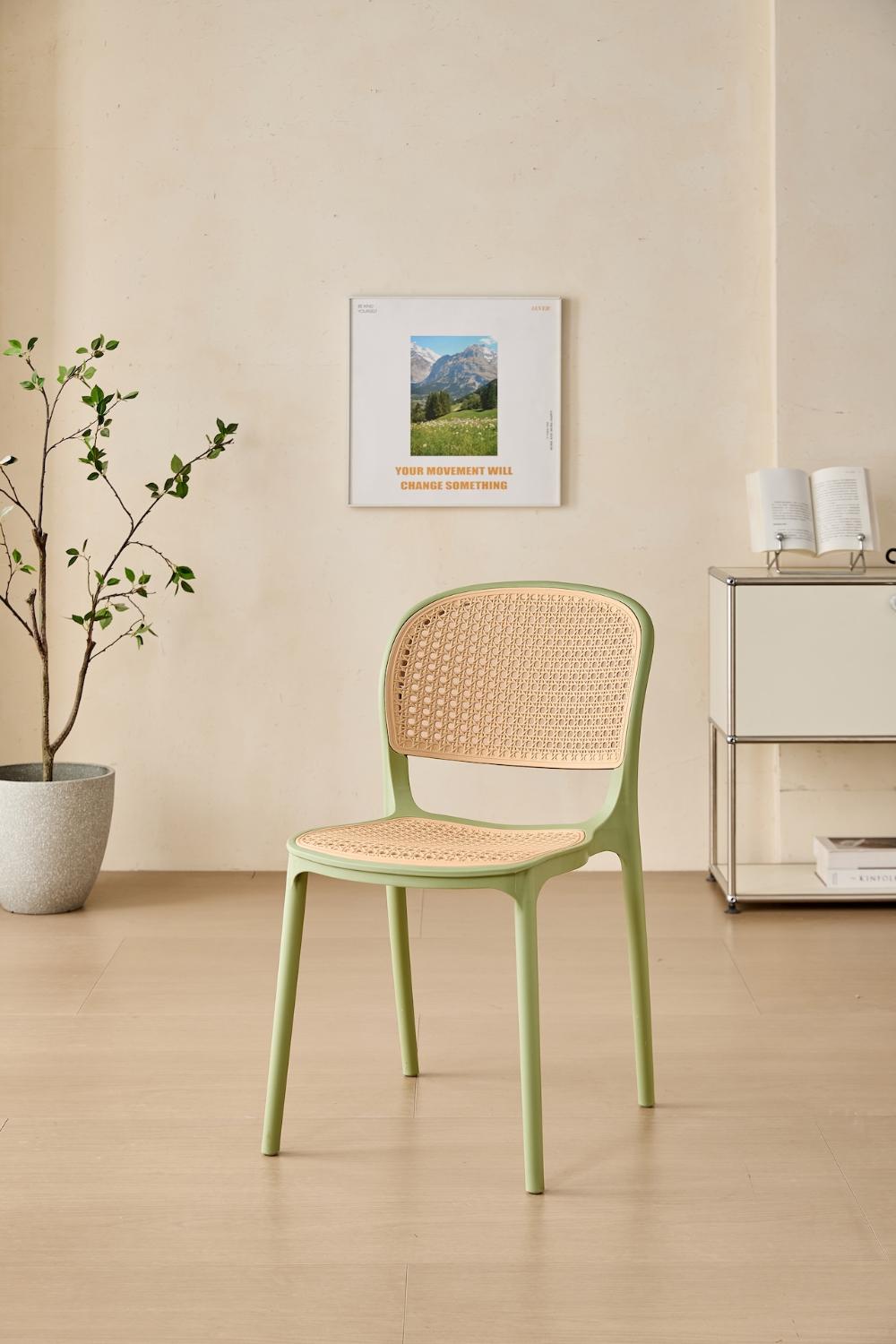 Set de 6 Sillas Nest, Color Verde Olivo y Beige, con Espaldar y Asiento en Rejilla