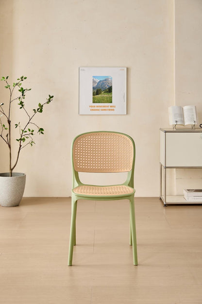 Set de 4 Sillas Nest, Color Verde Olivo y Beige, con Espaldar y Asiento en Rejilla