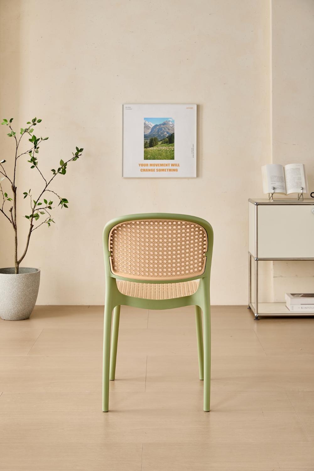 Set de 6 Sillas Nest, Color Verde Olivo y Beige, con Espaldar y Asiento en Rejilla