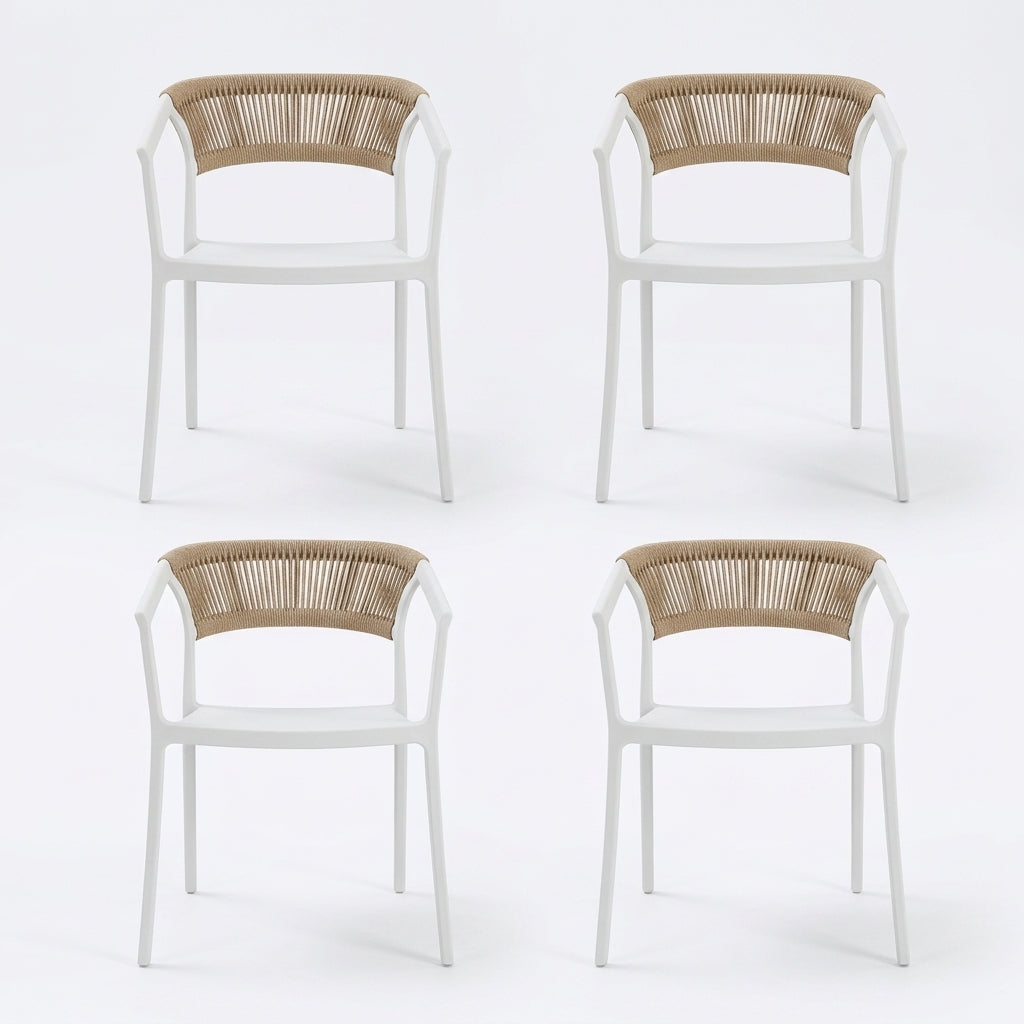 Set de 4 Sillas Balí, Blanco, con Espaldar en Cuerdas y Diseño Moderno