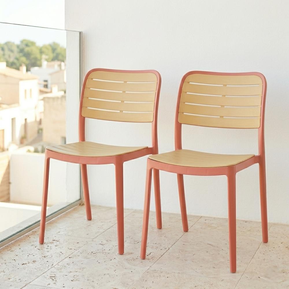 Set de 2 Sillas Carolina, Color Terracota y Beige, con Espaldar de Líneas Horizontales