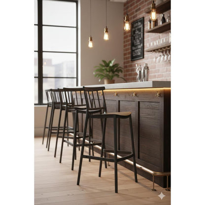 Silla para Bar Oxford, Negro, con Espaldar en Barras y Diseño Minimalista