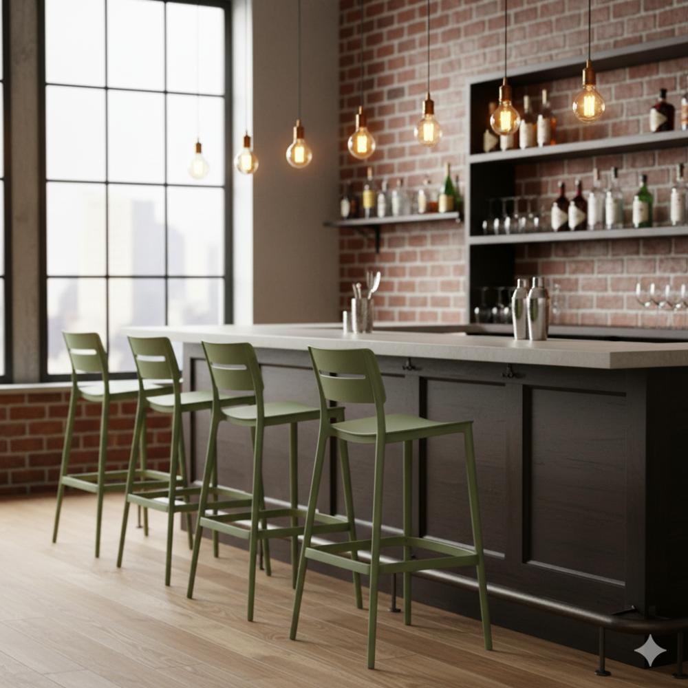 Set de 2 Sillas para Bar Manila, Verde, con Espaldar Rectangular y Diseño Moderno, detalle