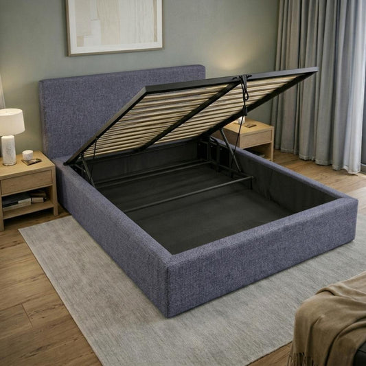 Cama Mecy Lift 140, Gris Oscuro, con Almacenamiento Hidráulico Tapizada