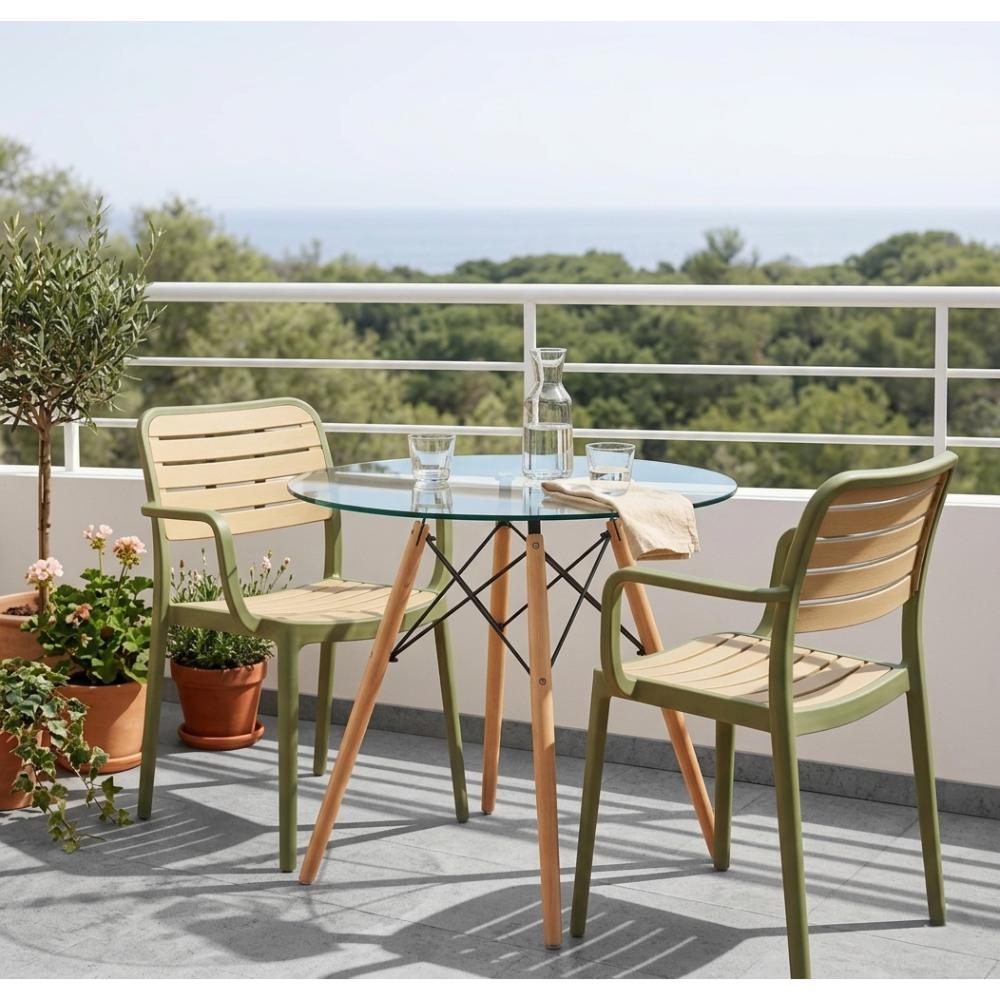 Set de 4 Sillas con Brazos Carolina, Verde Olivo y Beige, y Espaldar de Líneas Horizontales