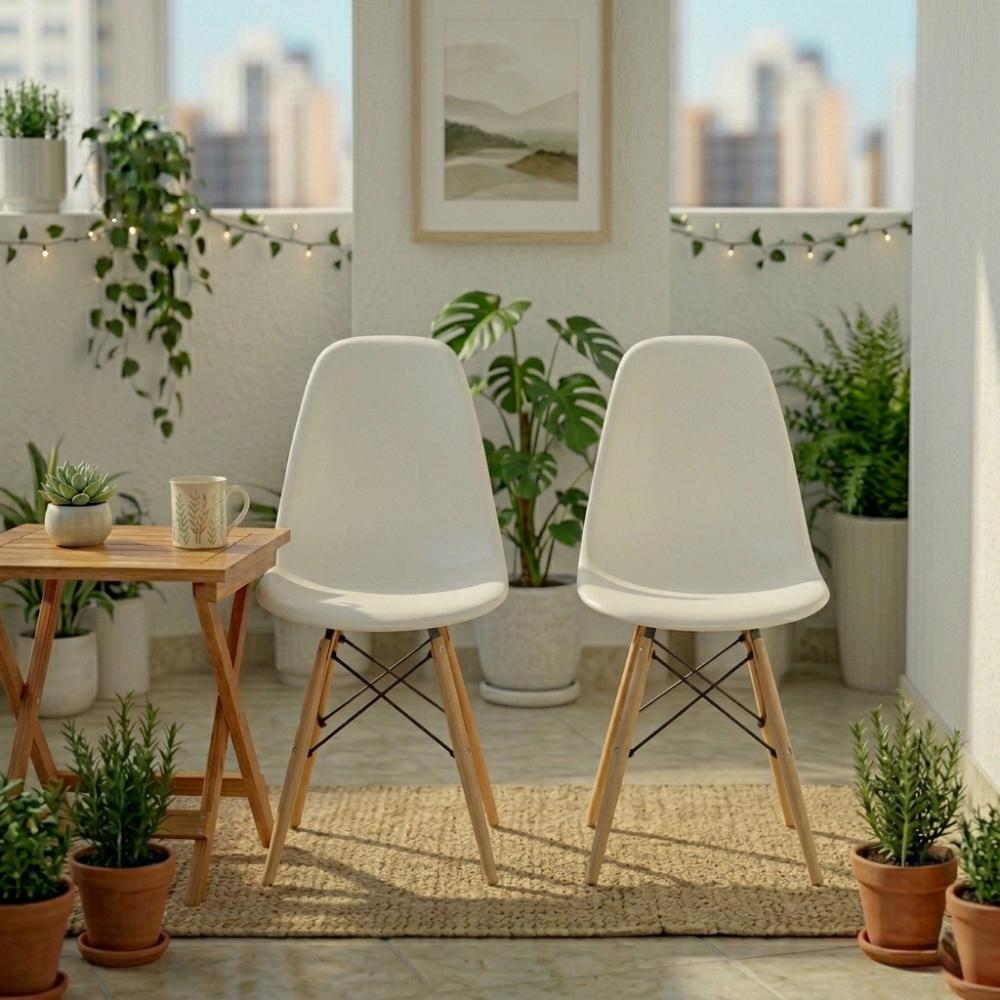 Silla Eames, Color Blanco, con Patas de Madera, vista lateral