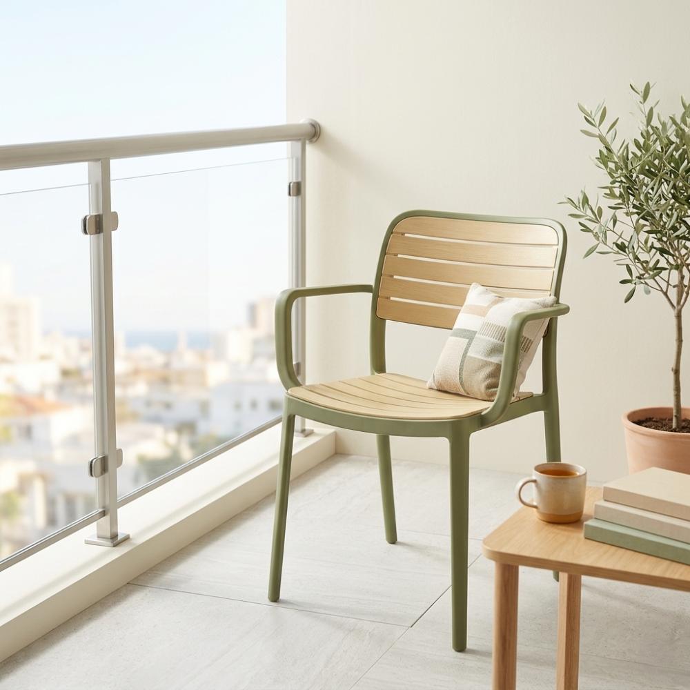 Set de 4 Sillas con Brazos Carolina, Verde Olivo y Beige, y Espaldar de Líneas Horizontales
