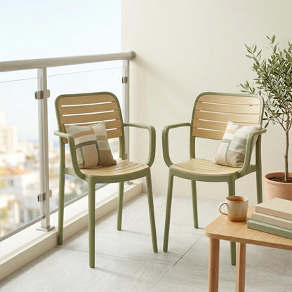 Set de 4 Sillas con Brazos Carolina, Verde Olivo y Beige, y Espaldar de Líneas Horizontales