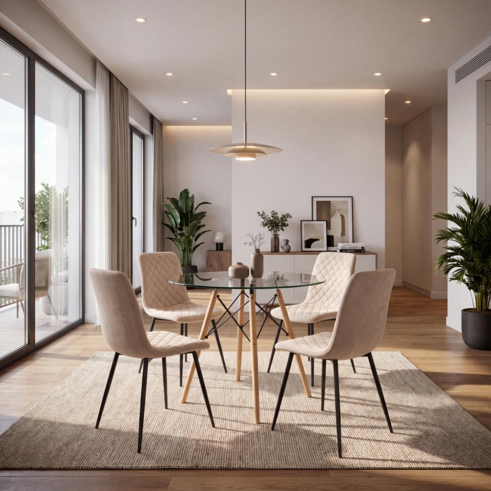 Combo para Sala Silver, Incluye Mesa Redonda de Vidrio y 4 Sillas