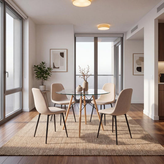 Combo para Sala Leo, Incluye Mesa Redonda de Vidrio y 4 Sillas