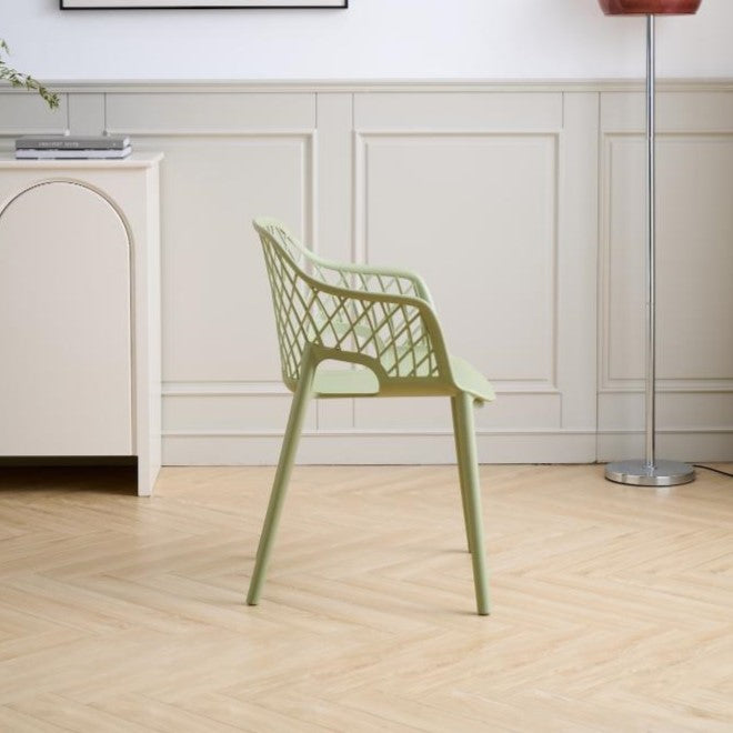 Silla con Brazos Casablanca, Verde Olivo, con espaldar en diamantes y estilo moderno, vista lateral