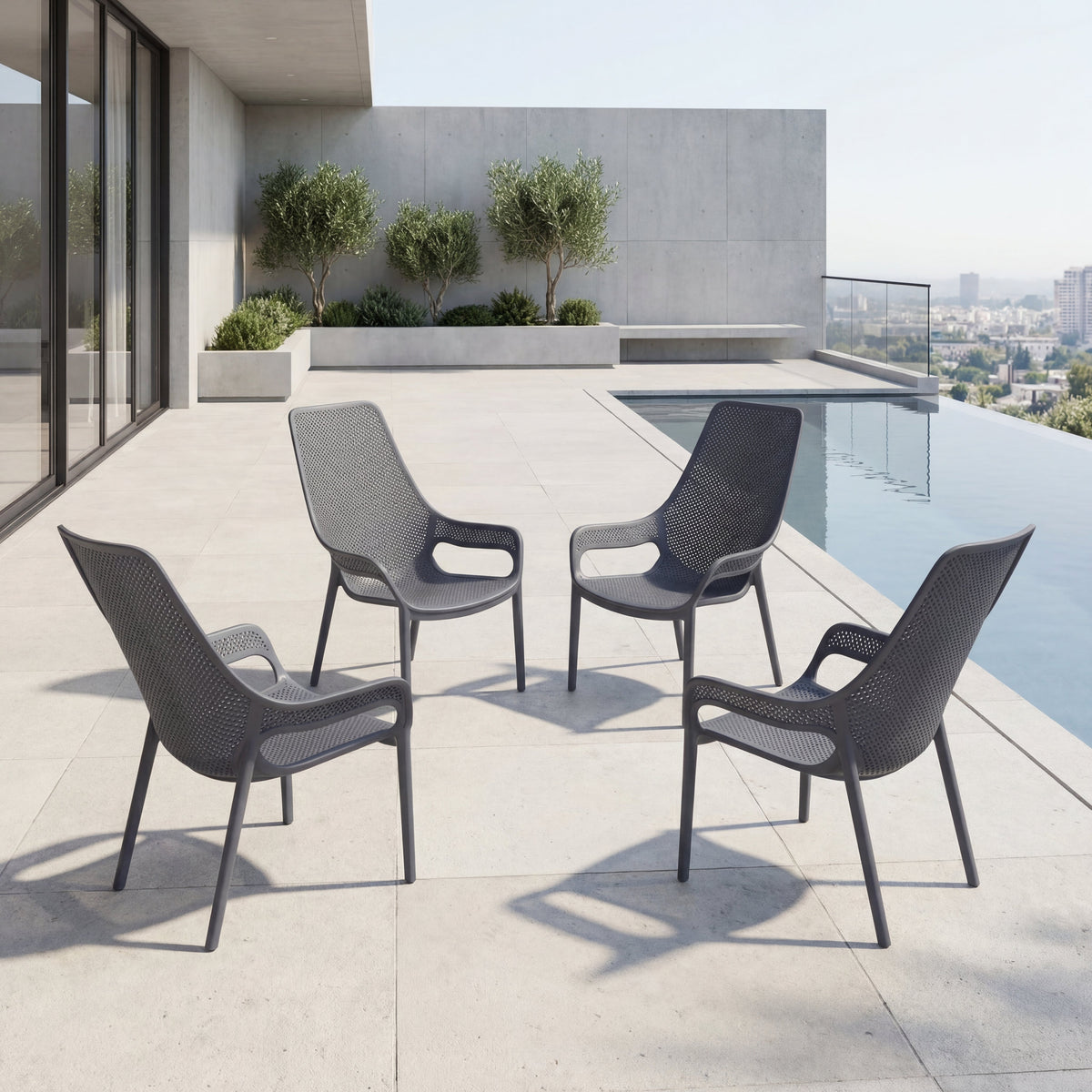Set de 4 Sillas Lounge Mayorca, Gris Oscuro, con Espaldar y Reposa Brazos
