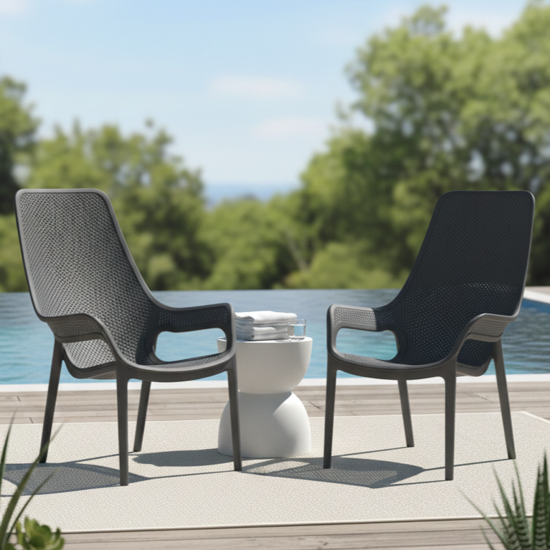 Silla Lounge Mayorca, Negro, con Espaldar y Reposa Brazos, detalle