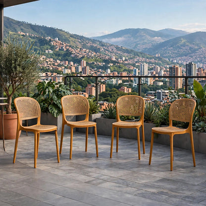 Set de 4 Sillas Nest, Color Salmón y Beige, con Espaldar y Asiento en Rejilla