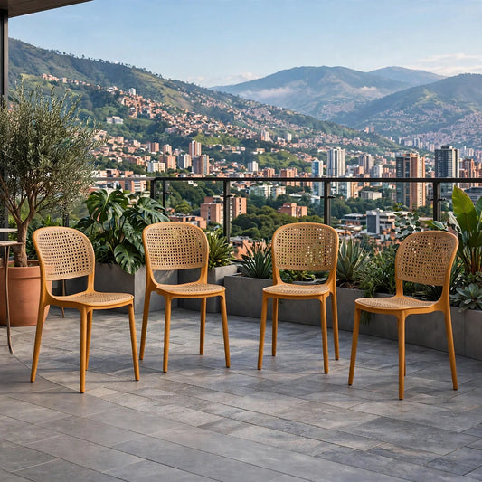 Set de 4 Sillas Nest, Color Salmón y Beige, con Espaldar y Asiento en Rejilla