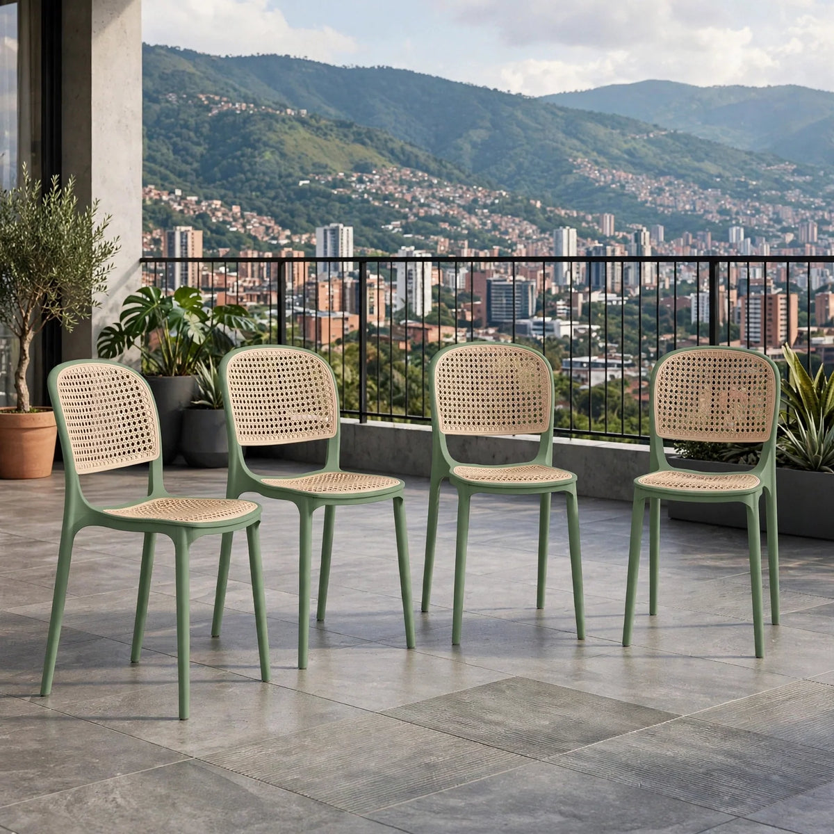 Set de 4 Sillas Nest, Verde Olivo y Beige, con Espaldar y Asiento en Rejilla