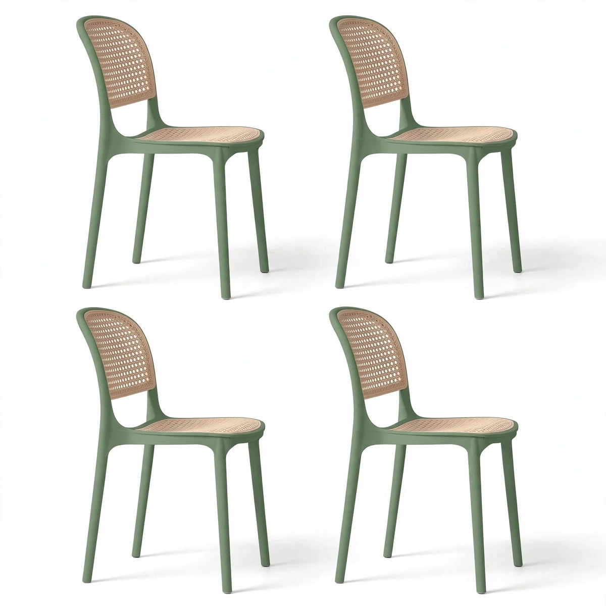 Set de 4 Sillas Nest, Verde Olivo y Beige, con Espaldar y Asiento en Rejilla