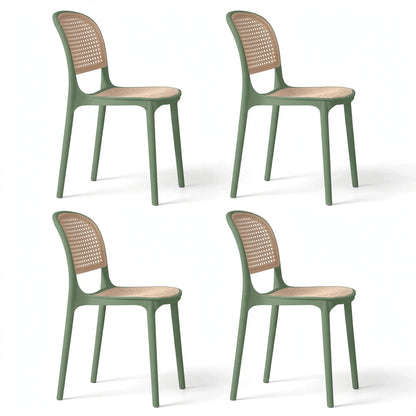 Set de 4 Sillas Nest, Verde Olivo y Beige, con Espaldar y Asiento en Rejilla