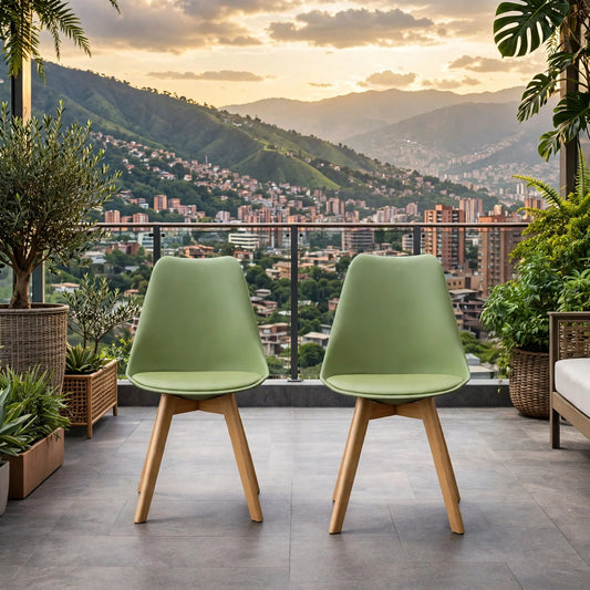 Set de 2 Sillas Fyn, Color Verde, Diseño Minimalista con Espaldar, Cojín y Patas de Madera