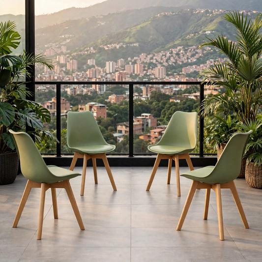 Set de 4 Sillas Fyn, Color Verde, Diseño Minimalista con Espaldar, Cojín y Patas de Madera