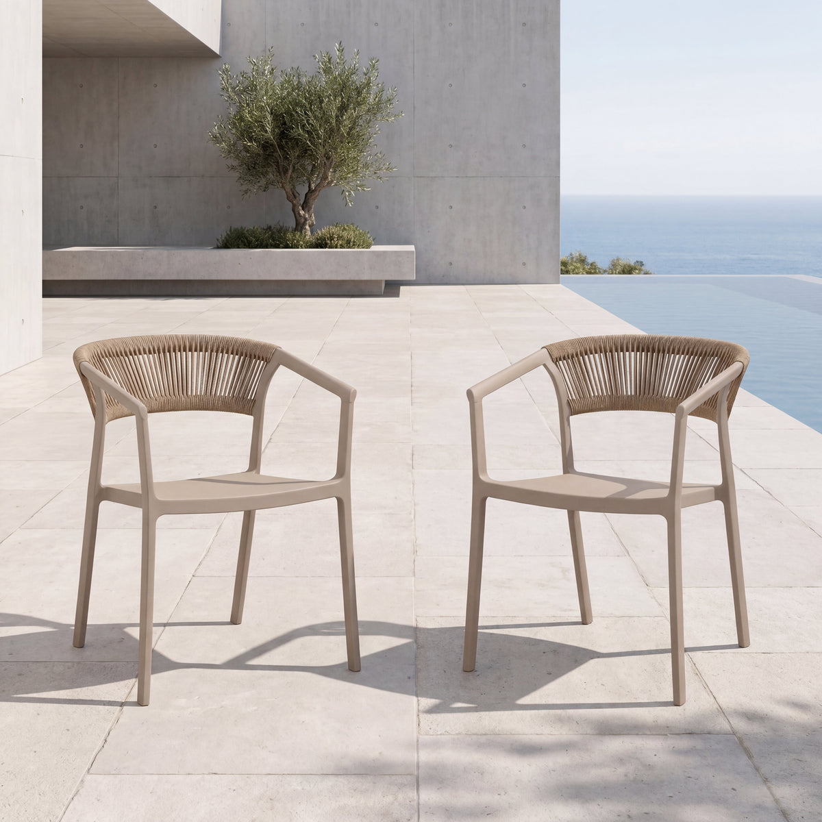 Set de 2 Sillas Balí, Taupe, con Espaldar en Cuerdas y Diseño Moderno