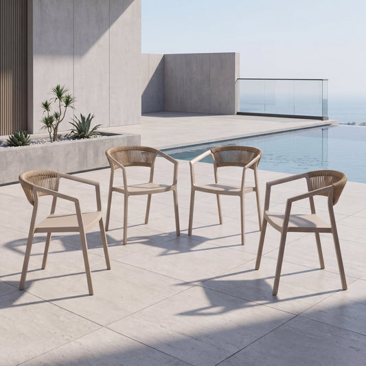 Set de 4 Sillas Balí, Taupe, con Espaldar en Cuerdas y Diseño Moderno