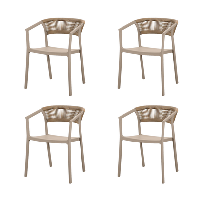 Set de 4 Sillas Balí, Taupe, con Espaldar en Cuerdas y Diseño Moderno