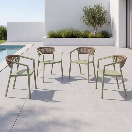 Set de 4 Sillas Balí, Verde, con Espaldar en Cuerdas y Diseño Moderno