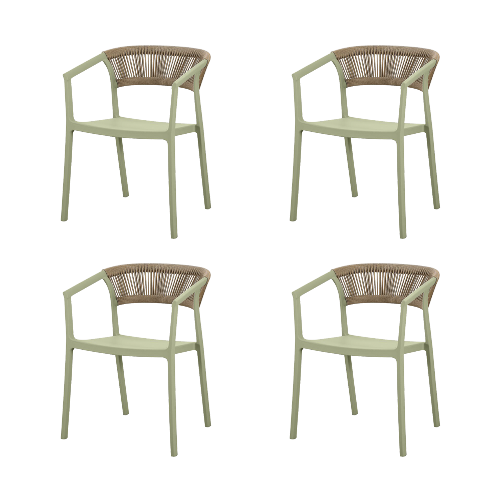 Set de 4 Sillas Balí, Verde, con Espaldar en Cuerdas y Diseño Moderno