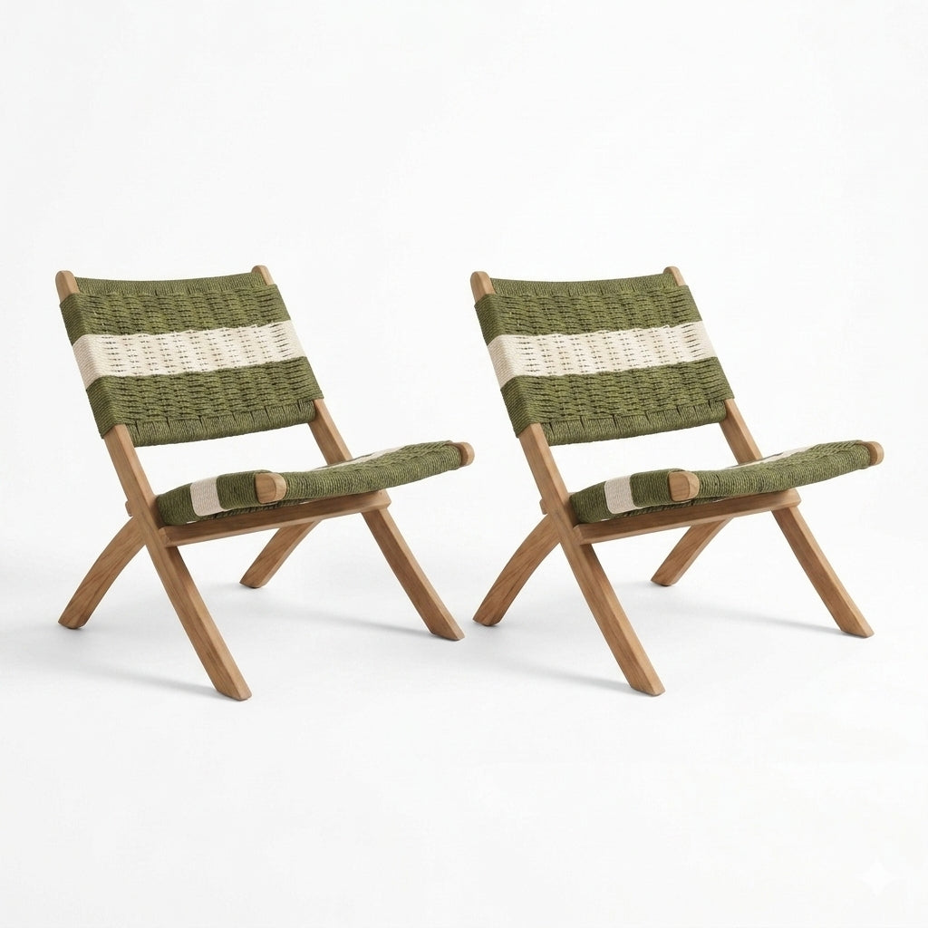 Set de 2 Sillas Plegable de Madera para Exterior Katy, Verde Olivo y Blanco, Ideal para Dias de Sol