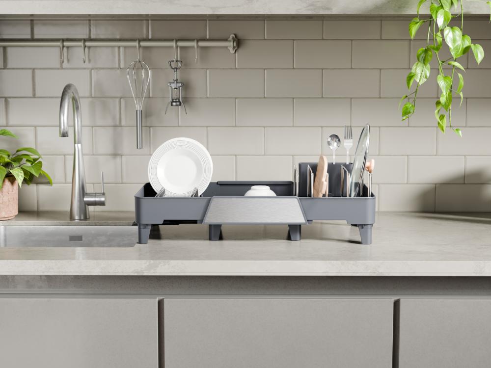Escurridor de Platos Aquira, Gris Oscuro, Expandible con Escurridor gris oscuro y metalizado