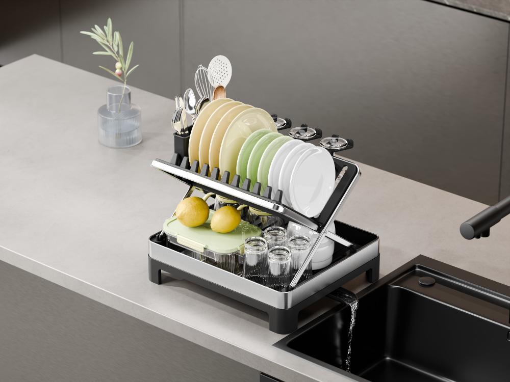 Escurridor de Platos Plegable Vitalia, Negro y Gris, en Forma de x Metalizado