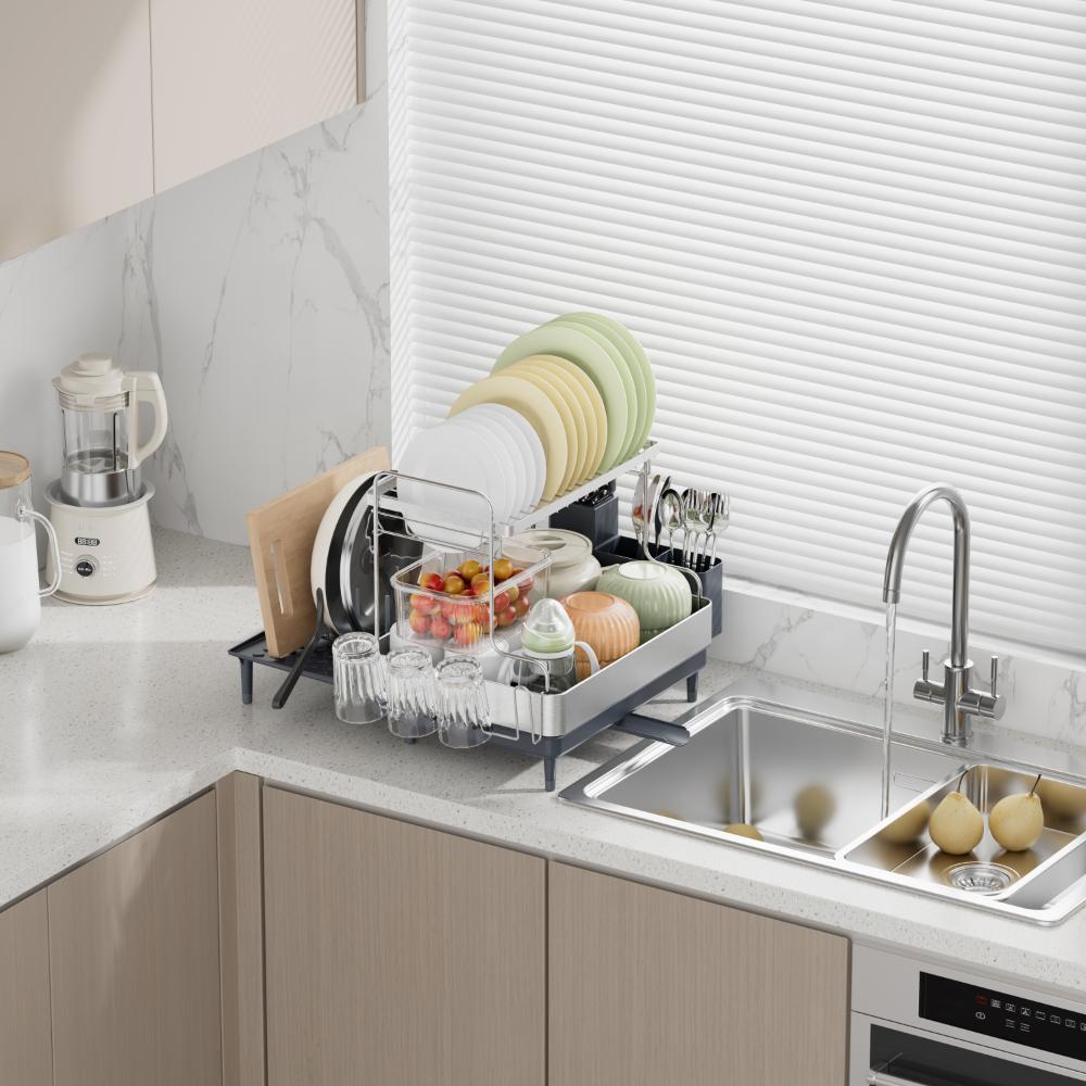 Escurridor de Platos Zenora, Gris Oscuro, de 2 Niveles gris oscuro y gris metalizado