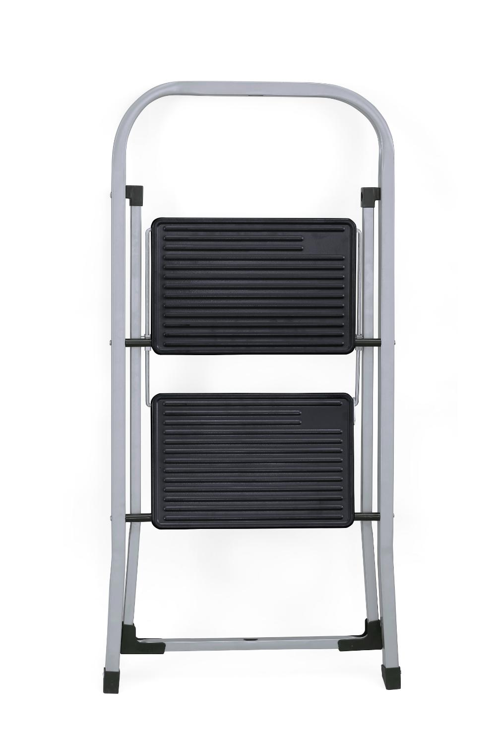 Escalera Tubular Trébol, Gris y Negro, Plagable de 2 Niveles, vista posterior