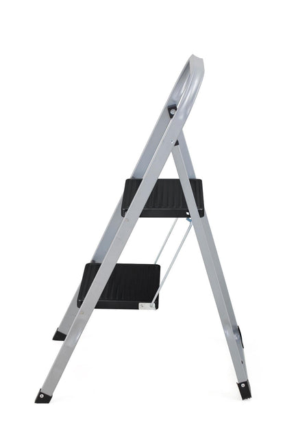Escalera Tubular Trébol, Gris y Negro, Plagable de 2 Niveles, detalle de acabado